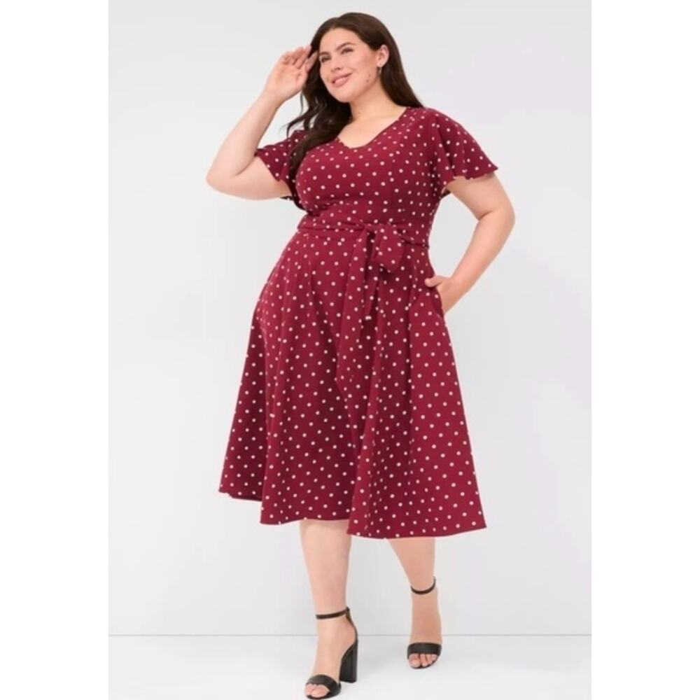 Lane Bryant Lena V-Neck Level-Hem Midi Dress Burgundy Tie Waist Pockets